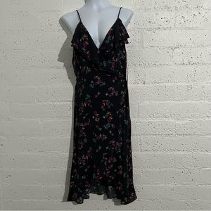 Leith Womens Dress M Gray Floral Wrap Rayon Ruffle